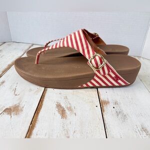 FitFlop "The Skinny" Thong low Wedge Sandals red & cream striped canvas 41 EUC